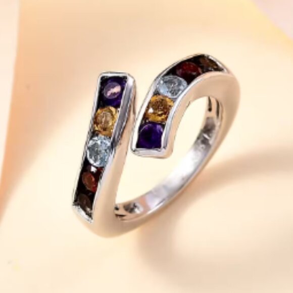 Multi Gemstone 1.25 ctw Bypass Ring in Platinum Bond - Picture 2 of 4